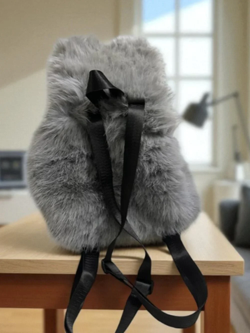 Soft Gray Faux Fur Backpack Plush Winter Drawstring Mini Backpack Cute Cozy Bag